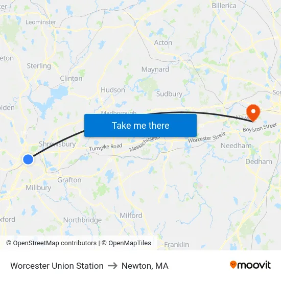 Worcester Union Station to Newton, MA map
