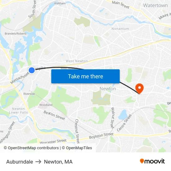 Auburndale to Newton, MA map