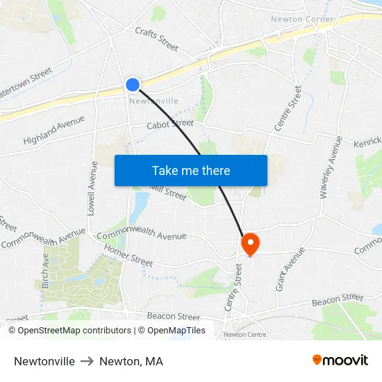 Newtonville to Newton, MA map