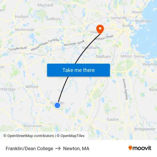 Franklin/Dean College to Newton, MA map