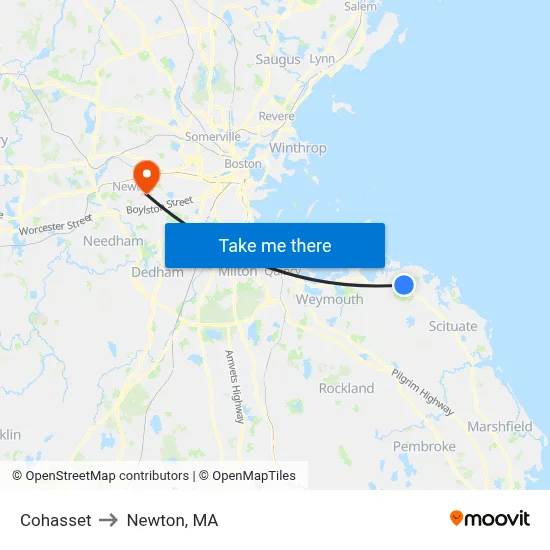 Cohasset to Newton, MA map