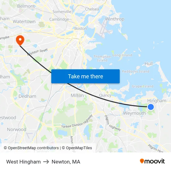 West Hingham to Newton, MA map