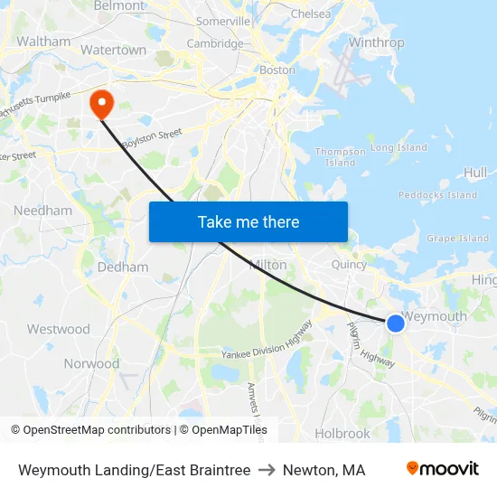 Weymouth Landing/East Braintree to Newton, MA map
