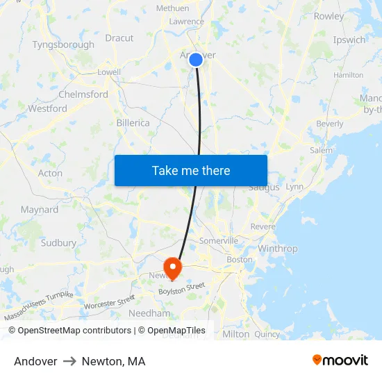 Andover to Newton, MA map
