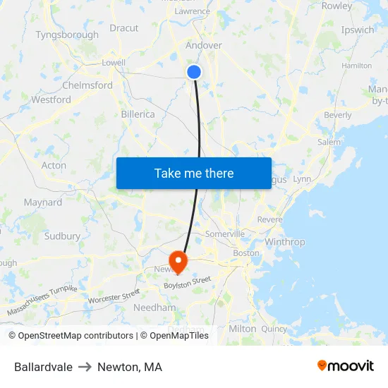 Ballardvale to Newton, MA map