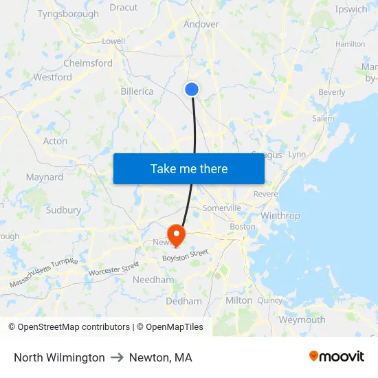 North Wilmington to Newton, MA map
