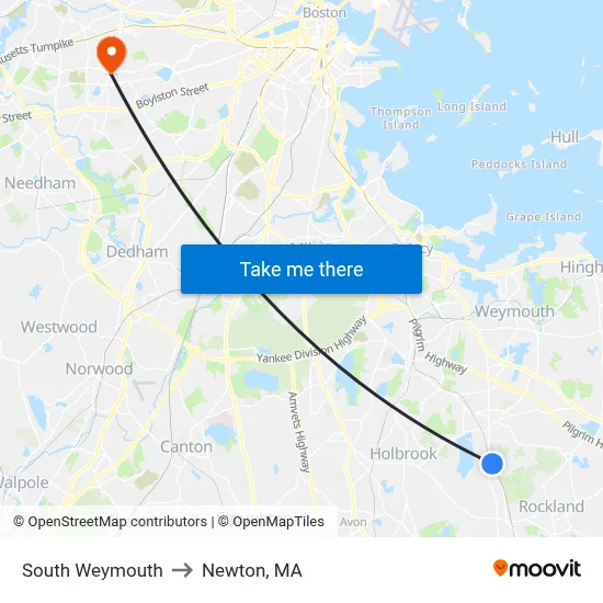 South Weymouth to Newton, MA map