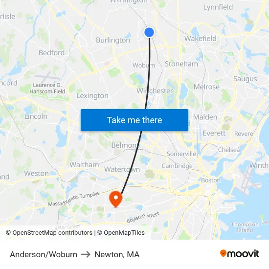 Anderson/Woburn to Newton, MA map