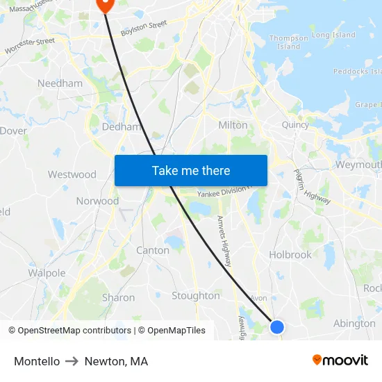 Montello to Newton, MA map