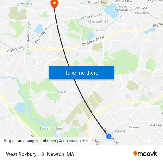 West Roxbury to Newton, MA map