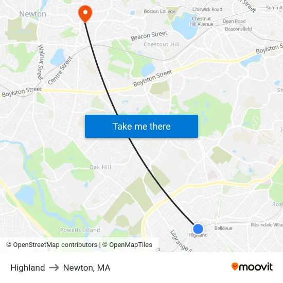Highland to Newton, MA map
