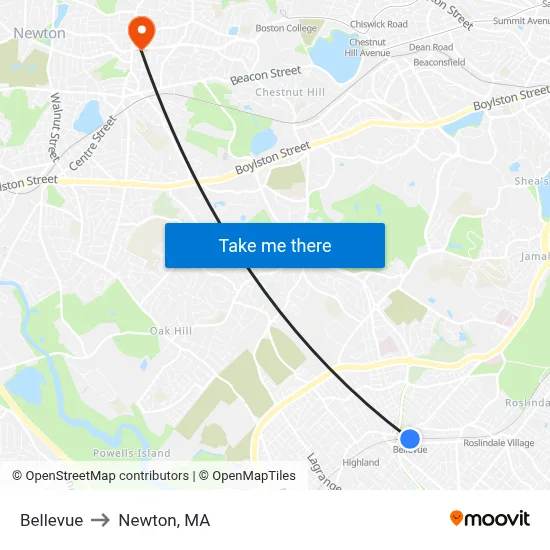 Bellevue to Newton, MA map