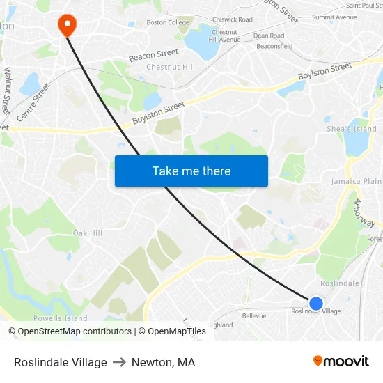 Roslindale Village to Newton, MA map