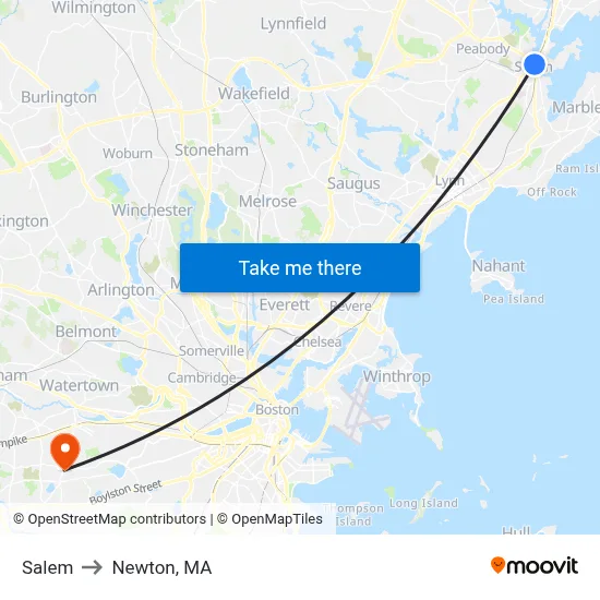 Salem to Newton, MA map