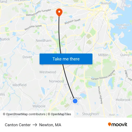Canton Center to Newton, MA map