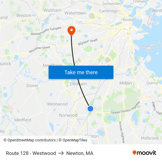 Route 128 - Westwood to Newton, MA map