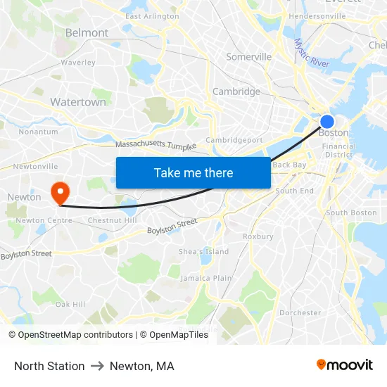 North Station to Newton, MA map