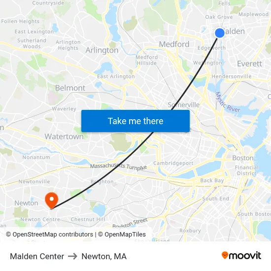 Malden Center to Newton, MA map