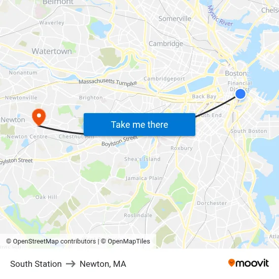 South Station to Newton, MA map