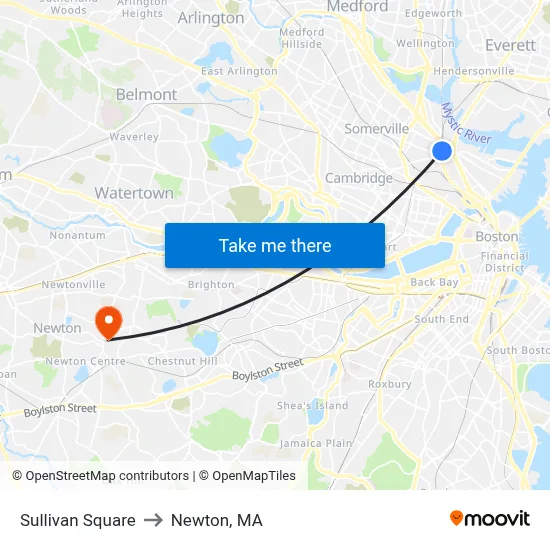 Sullivan Square to Newton, MA map