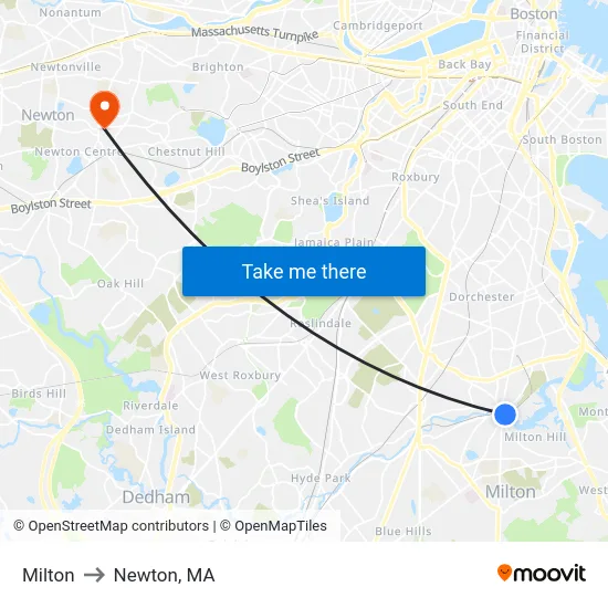 Milton to Newton, MA map