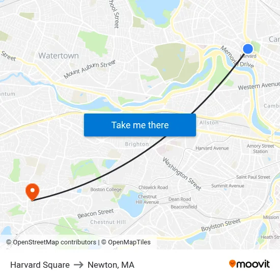 Harvard Square to Newton, MA map