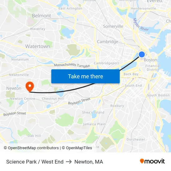Science Park / West End to Newton, MA map
