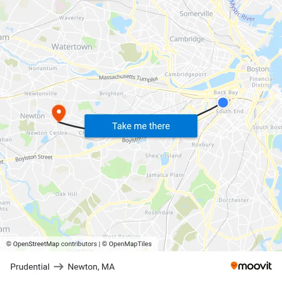 Prudential to Newton, MA map