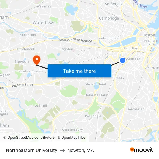 Northeastern University to Newton, MA map
