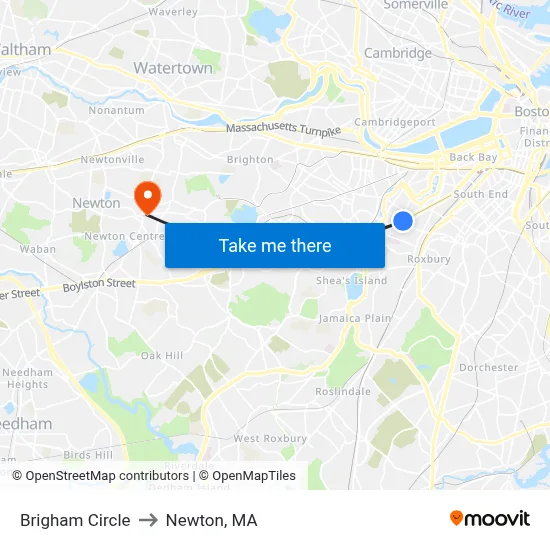 Brigham Circle to Newton, MA map