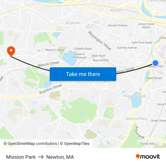 Mission Park to Newton, MA map