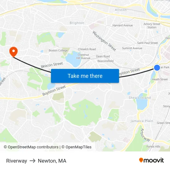 Riverway to Newton, MA map