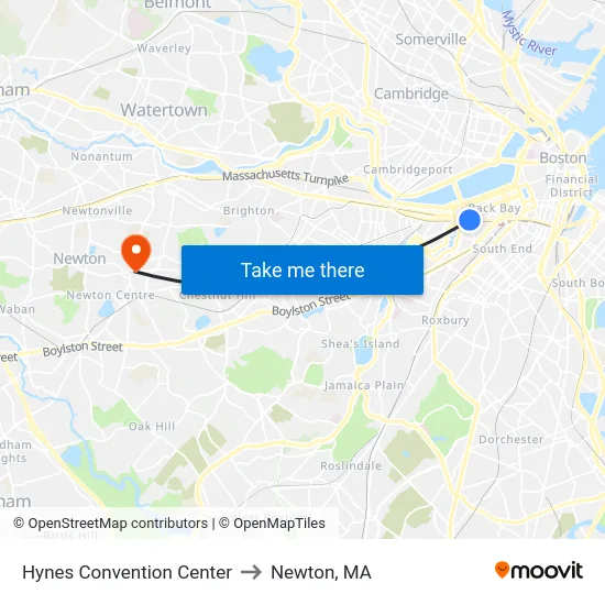 Hynes Convention Center to Newton, MA map
