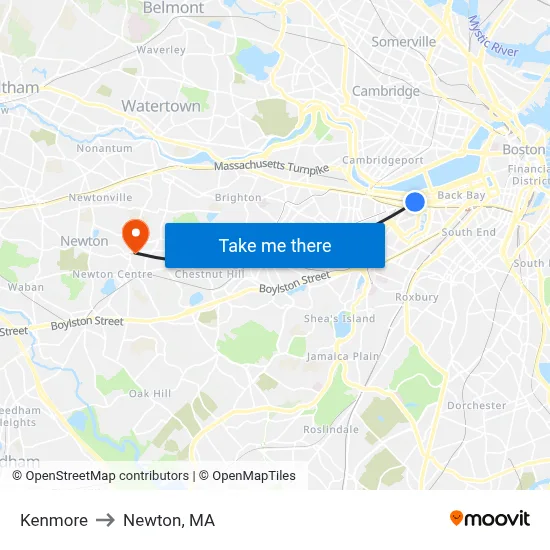 Kenmore to Newton, MA map