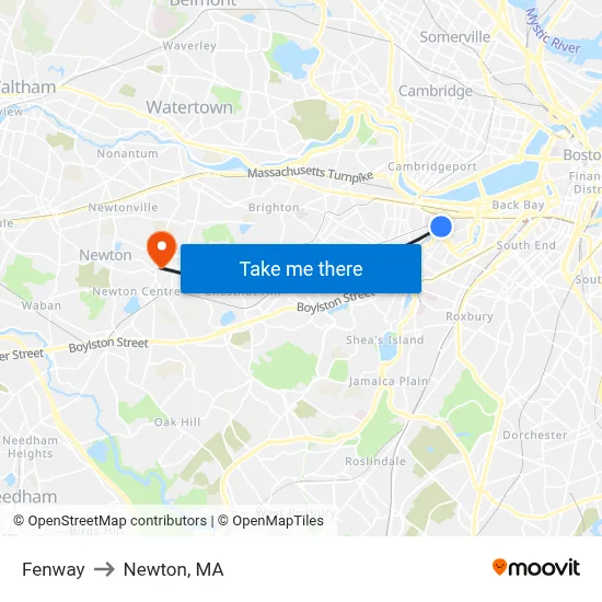 Fenway to Newton, MA map