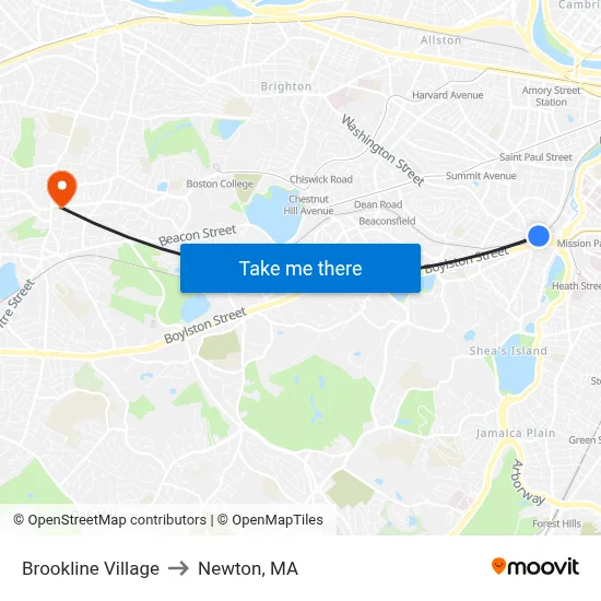 Brookline Village to Newton, MA map