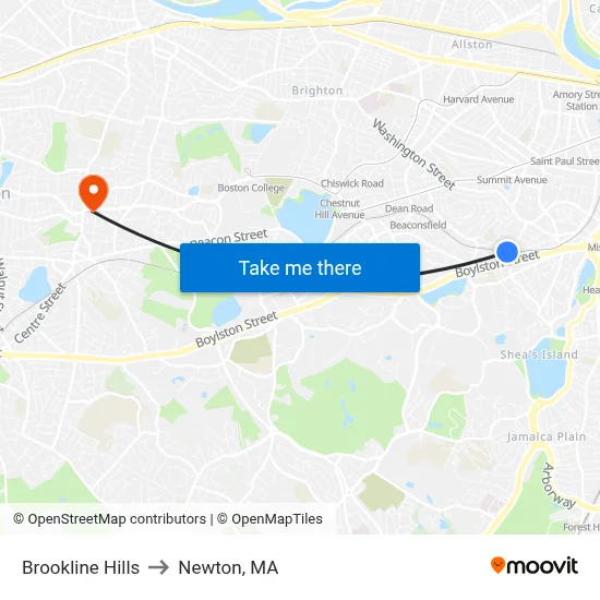 Brookline Hills to Newton, MA map