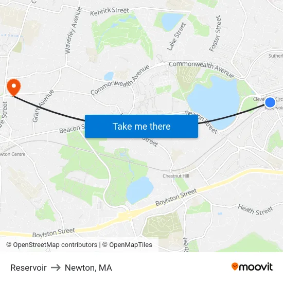 Reservoir to Newton, MA map