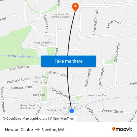 Newton Centre to Newton, MA map