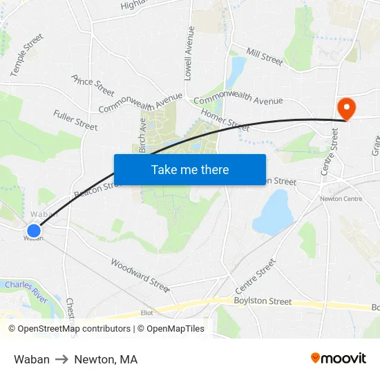 Waban to Newton, MA map