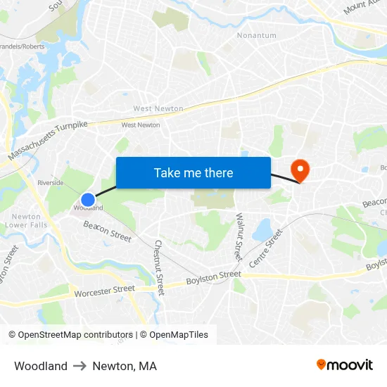 Woodland to Newton, MA map
