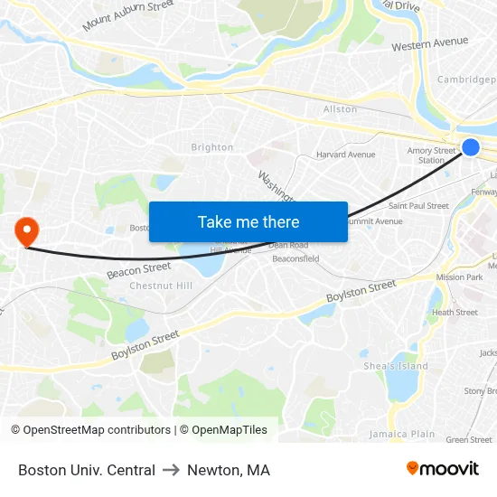 Boston Univ. Central to Newton, MA map