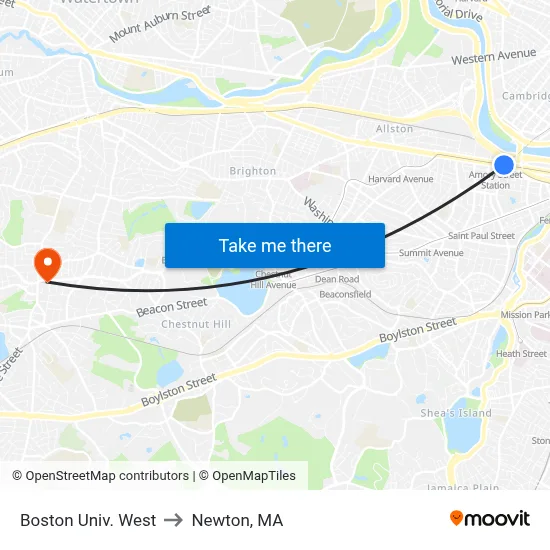 Boston Univ. West to Newton, MA map