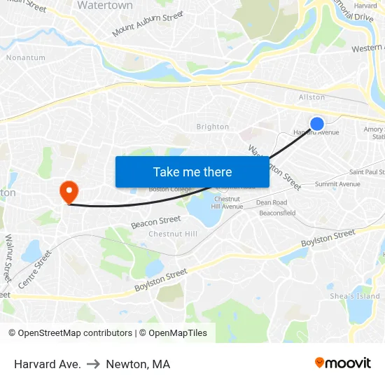 Harvard Ave. to Newton, MA map