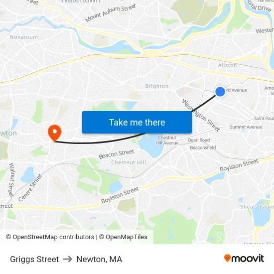 Griggs Street to Newton, MA map
