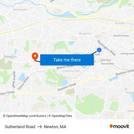 Sutherland Road to Newton, MA map