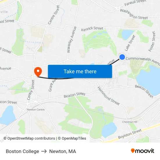 Boston College to Newton, MA map