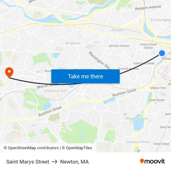 Saint Marys Street to Newton, MA map