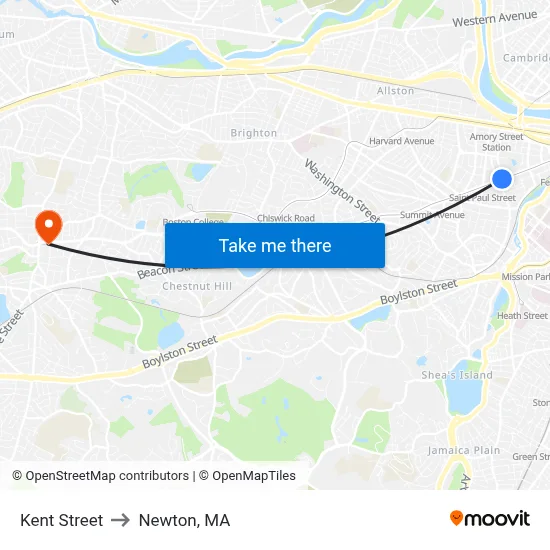 Kent Street to Newton, MA map