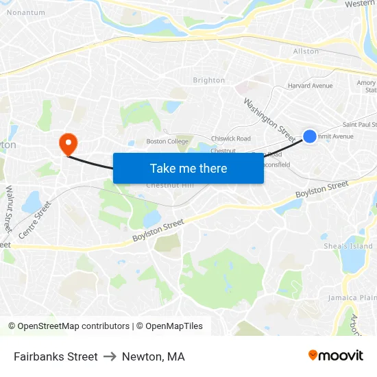 Fairbanks Street to Newton, MA map